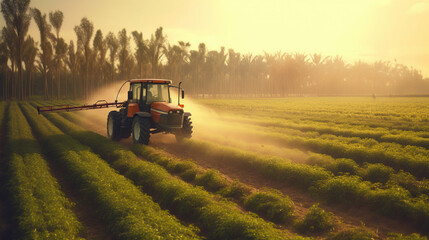 Fototapeta premium A tractor sprays pesticides on plantation field at sunset. Generative Ai