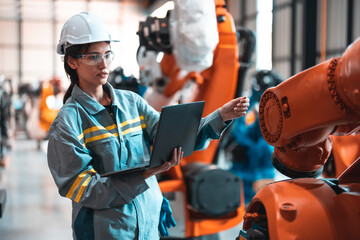 Robotic engineer conduct regular maintenance by inspecting, testing, and running software test to ensure robot stay in standard condition.Recording, reporting damaged, uncompleted items to supervisor - obrazy, fototapety, plakaty