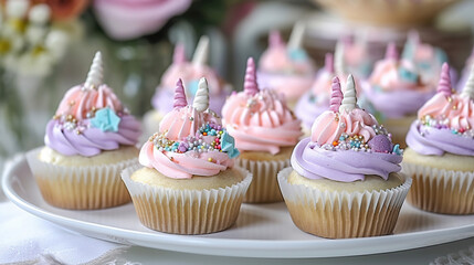 cute unicorn theme birthday party cupcakes. Generative ai