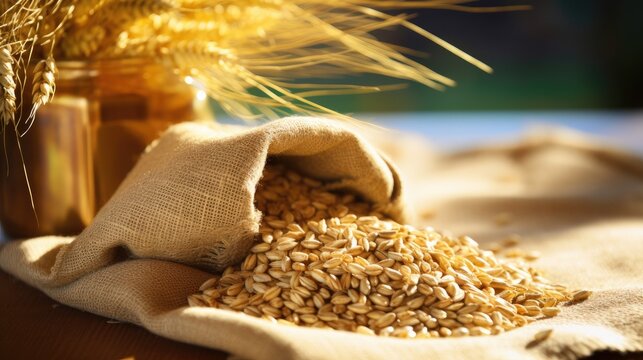 Golden wheat grains, packed in a rustic burlap sack, artfully displayed on an outdoor table. Generative AI