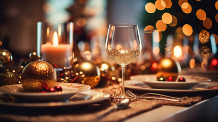 Fototapeta na wymiar Christmas Family Dinner Table with blurred background. Generative Ai