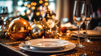 Fototapeta na wymiar Christmas Family Dinner Table with blurred background. Generative Ai