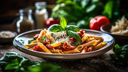 Penne pasta with tomato sauce, parmesan cheese and basil on plate. Generative Ai