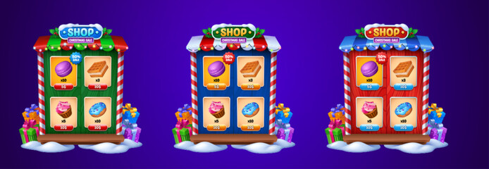 Christmas game shop frame with sweets on wooden shelves. Vector cartoon illustration of holiday store selling delicious donuts, cakes, desserts. Window decorated with garlands, gift boxes and snow