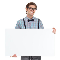 Portrait, smile and man with board for mockup in studio isolated on a white background. Poster, glasses and happy, funny person or nerd with copy space for advertising, marketing or promotion banner.