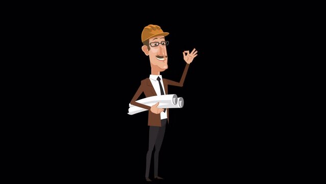 Cartoon design engineer character  with OK ring gesture animation with alpha channel