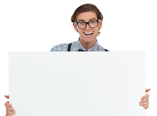 Portrait, excited and man with poster for mockup in studio isolated on a white background. Board, glasses and funny male person or nerd with copy space for advertising, marketing or promotion banner