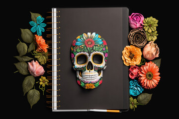 empty open notepad, copyspace, mexican vibrant, black background, Cinco de Mayo AI generation