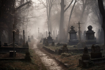 Horror cemetery at night.Halloween concept.Generative ai