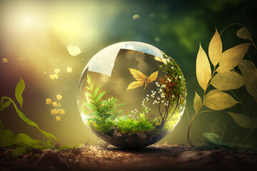 World environment and earth day concept with glass globe and eco friendly enviroment. Generative ai.
