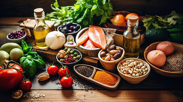 Composition with assorted organic food products on wooden kitchen table. top view. Generative Ai