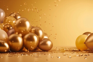 Obraz na płótnie Canvas Golden balloons with sparkles and flying confetti on golden background. Celebration, party banner. Generative ai.