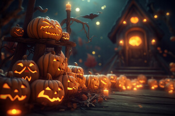 Enchanted halloween garden full of illuminated pumpkin lanterns. Generative ai