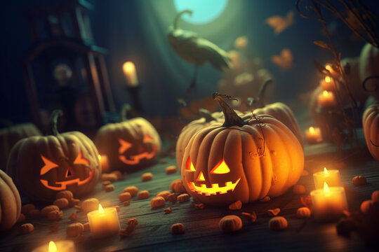 Enchanted halloween garden full of illuminated pumpkin lanterns. Generative ai