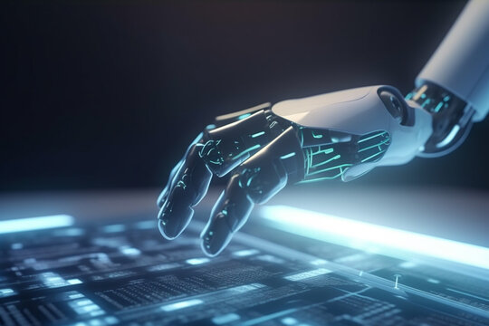 Robot hand touching on global virtual network connection future interface. Generative ai.