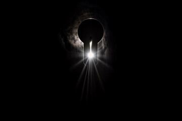 White light breaks through the keyhole, symbol of idea or hope. Generative ai.