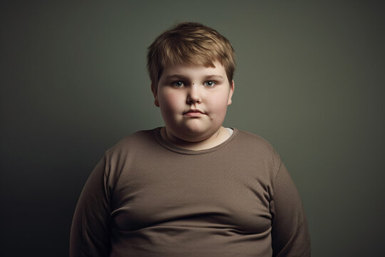 Sad overweight boy in tight clothes. Generative ai