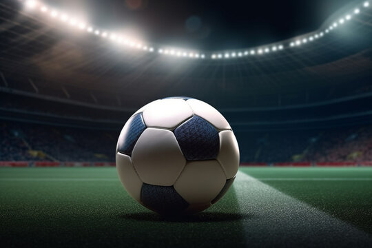 Ball on gras in soccer stadium with illumination at night. Generative ai.