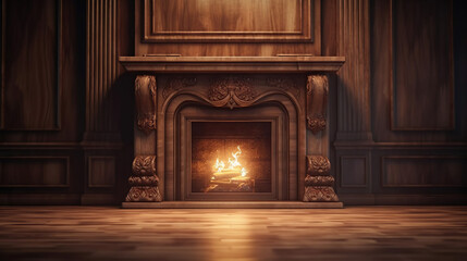 Large traditional fireplace with roaring fire. Empty mantle piece mockup shelf. Generative Ai