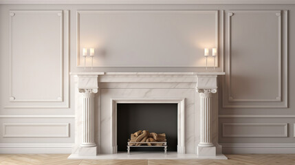 Large traditional fireplace with roaring fire. Empty mantle piece mockup shelf. Generative Ai