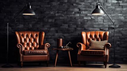 Living room with two beautiful and stylish luxury leather armchairs in front of a dark empty wall with a lamp. Generative Ai