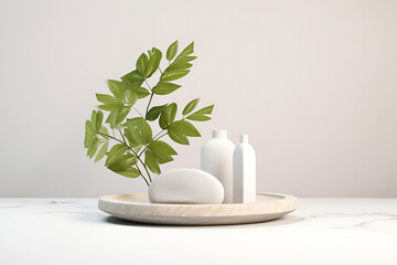 Abstract minimal concept. Wooden podium stage platform display cosmetic empty bottle and green leaves. Mock up template for product presentation. 3D rendering