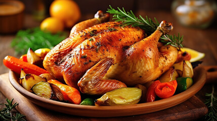 Whole roasted chicken with vegetables, on wooden table, on blurred kitchen background, generative ai