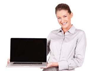 Portrait of happy woman, laptop and mockup in white background, isolated studio and advertising screen. Female model holding computer in presentation, online space or promotion of website coming soon