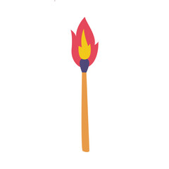 Burning Match Wooden Stick with Blazing Flame on Top Vector Illustration