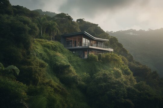 A Home Perched On A Verdant Hillside. Generative AI