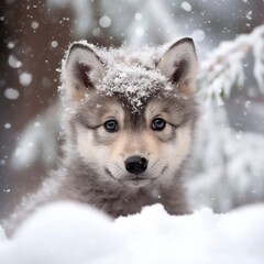 Cute Baby Wolf Puppy Playing in Winter Snow Portrait. Generative AI