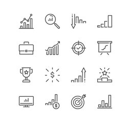 Set of success and growth related icons, progress, career, innovation, organization, teamwork and linear variety vectors.
