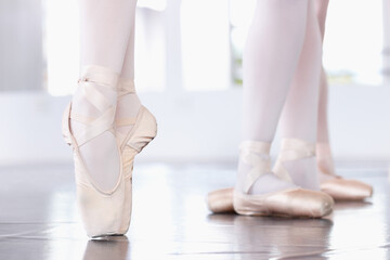Ballet, closeup of shoes and dancing class with balance, ballerina dancer in rehearsal and training...