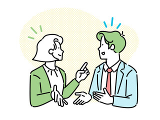 An illustration of a man and woman talking.