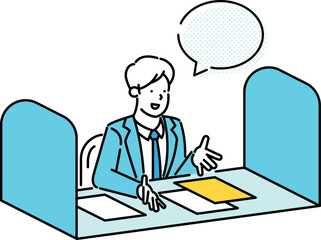 A man at a desk with a speech bubble.