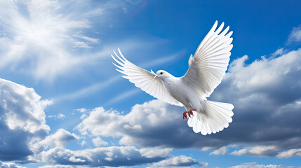 Dove in the air with wings wide open in-front of sky Generative AI