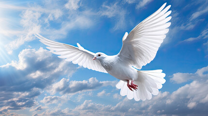 Dove in the air with wings wide open in-front of sky Generative AI