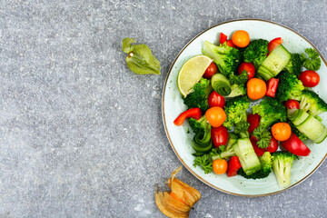 Vegan light vegetable salad, space for text.