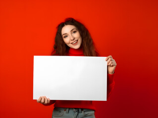 a fictional person, holding a blank board on isolated color background, generated with AI