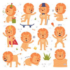 Funny Lion Character with Mane Engaged in Different Activity Vector Set