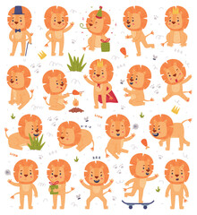 Funny Lion Character with Mane Engaged in Different Activity Vector Set