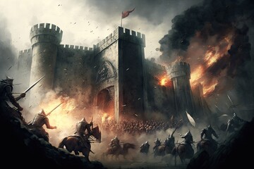 Storming of medieval castle fortress siege of city chaos. Generative AI AIG15. - obrazy, fototapety, plakaty