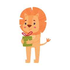 Funny Lion Character with Mane Holding Gift Box Vector Illustration