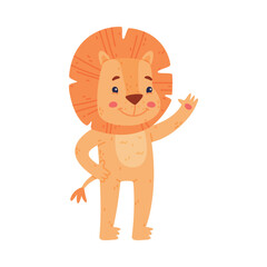 Funny Lion Character with Mane Waving Paw and Smiling Vector Illustration