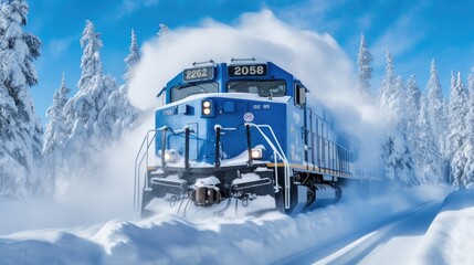 Powerful locomotive with a snow plow barreling through the winter wonderland. Generative AI