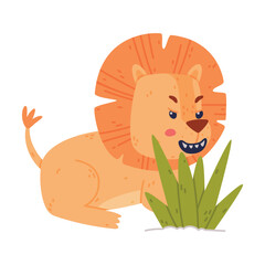 Funny Lion Character with Mane Roaring Sitting Behind Green Grass Vector Illustration