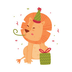 Funny Lion Character with Mane Blowing Whistle in Birthday Hat with Gift Box Vector Illustration