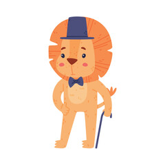 Funny Lion Character with Mane Wearing Top Hat and Bow Tie Standing with Cane Vector Illustration