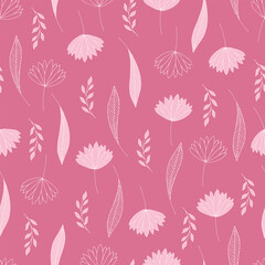 Seamless pattern with leaves and twigs. Hand-drawn cute pink background.