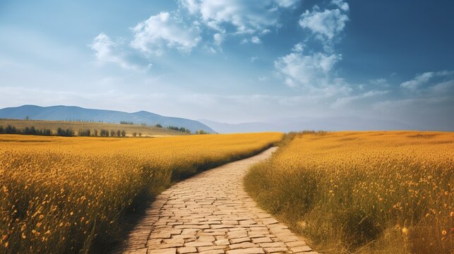Illustration of yellow brick road through green meadows, fantasy outdoor background. AI generative image.